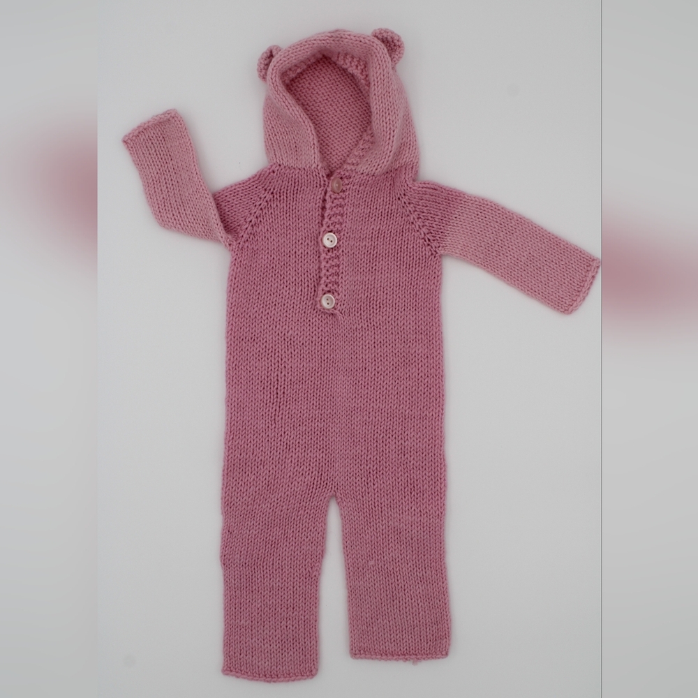 Handmade Knitted Baby One-Piece Outfit Size 6–9M with Hooded Ears